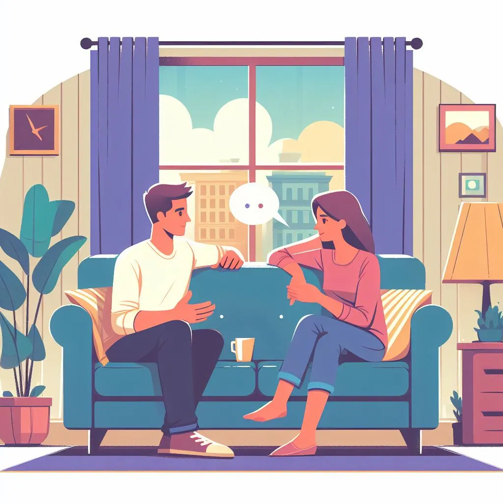 Casal conversando na sala de estar
