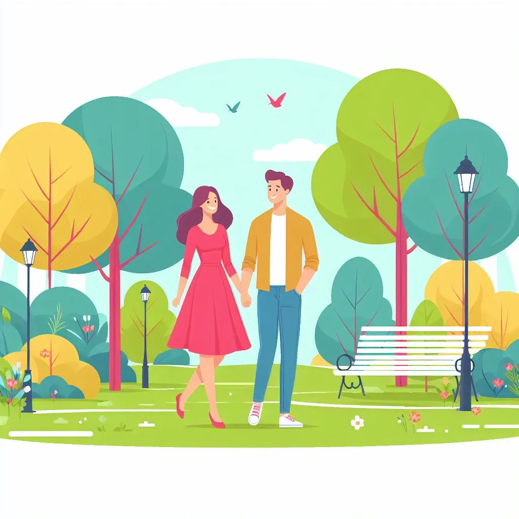 Um casal feliz em um parque estilo de ilustrações vetoriais planas e simples cores vibrantes